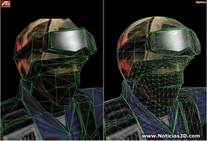 Vlevo ukázka bez Ati TRUform vpravo ukázka stejného renderingu s ATI truform v counter-strike 1.6.