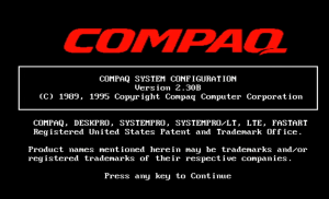BIOS obrazovka COMPAQ SYSTEM CONFIGURATION